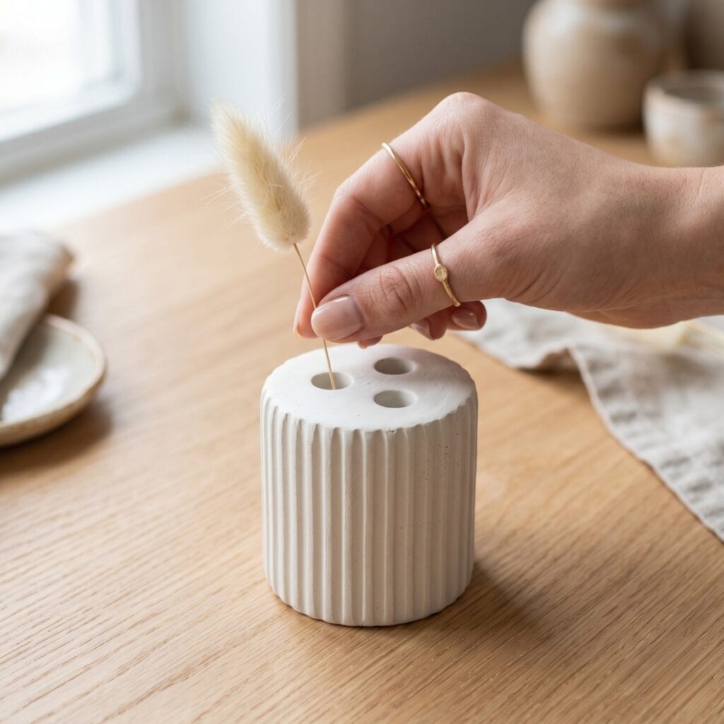 A close-up of a single manicured hand gently inserting a dried flower stem into a white air dry clay pottery frog vessel with vertical fluted ridges.