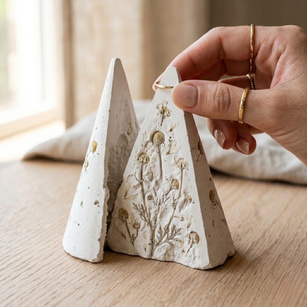 A manicured hand placing a gold ring onto a split-center white plaster cone featuring delicate high-relief wild chamomile impressions.