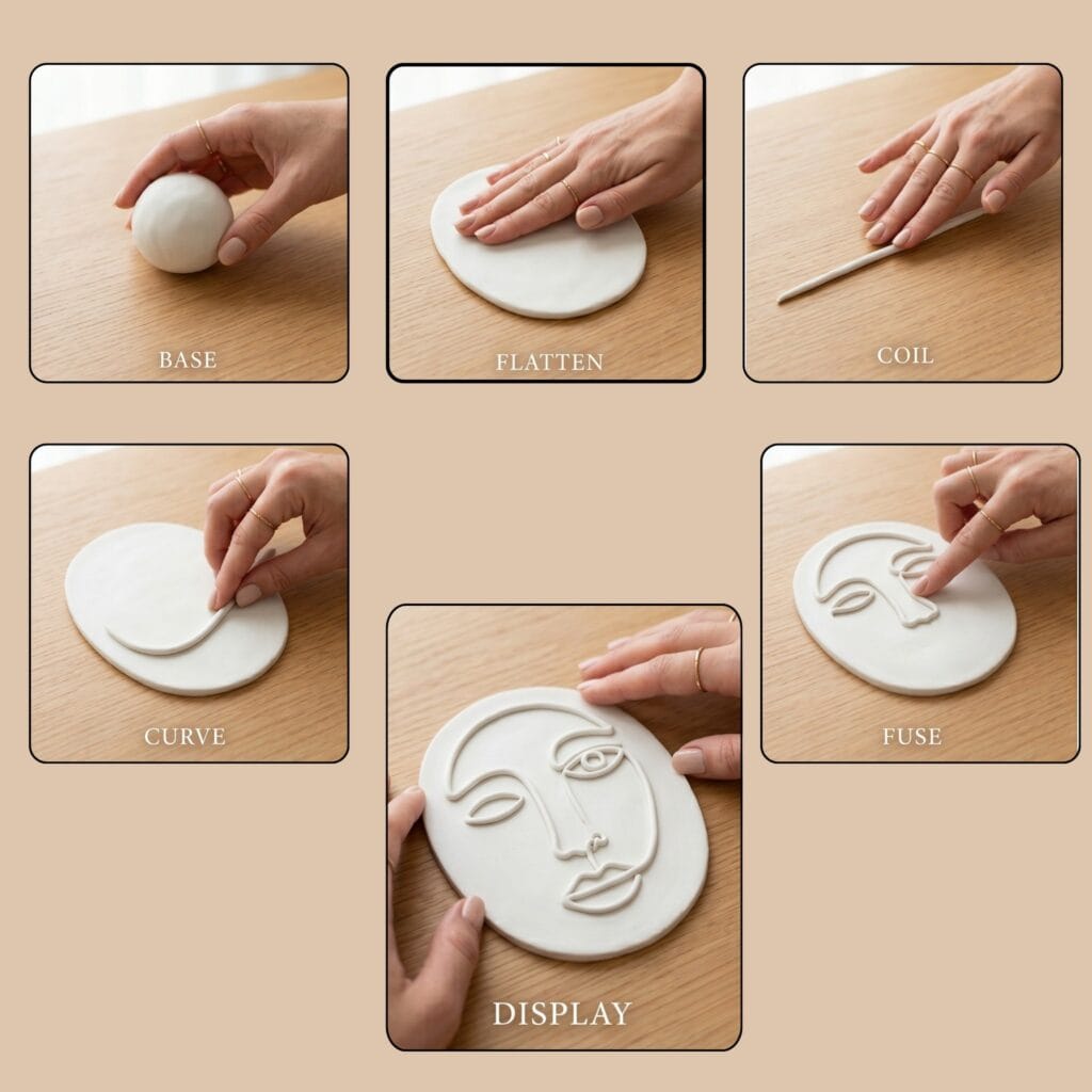A 4-panel step-by-step grid showing a single hand rolling, shaping, and fusing a minimalist Picasso-style continuous line clay face plaque.