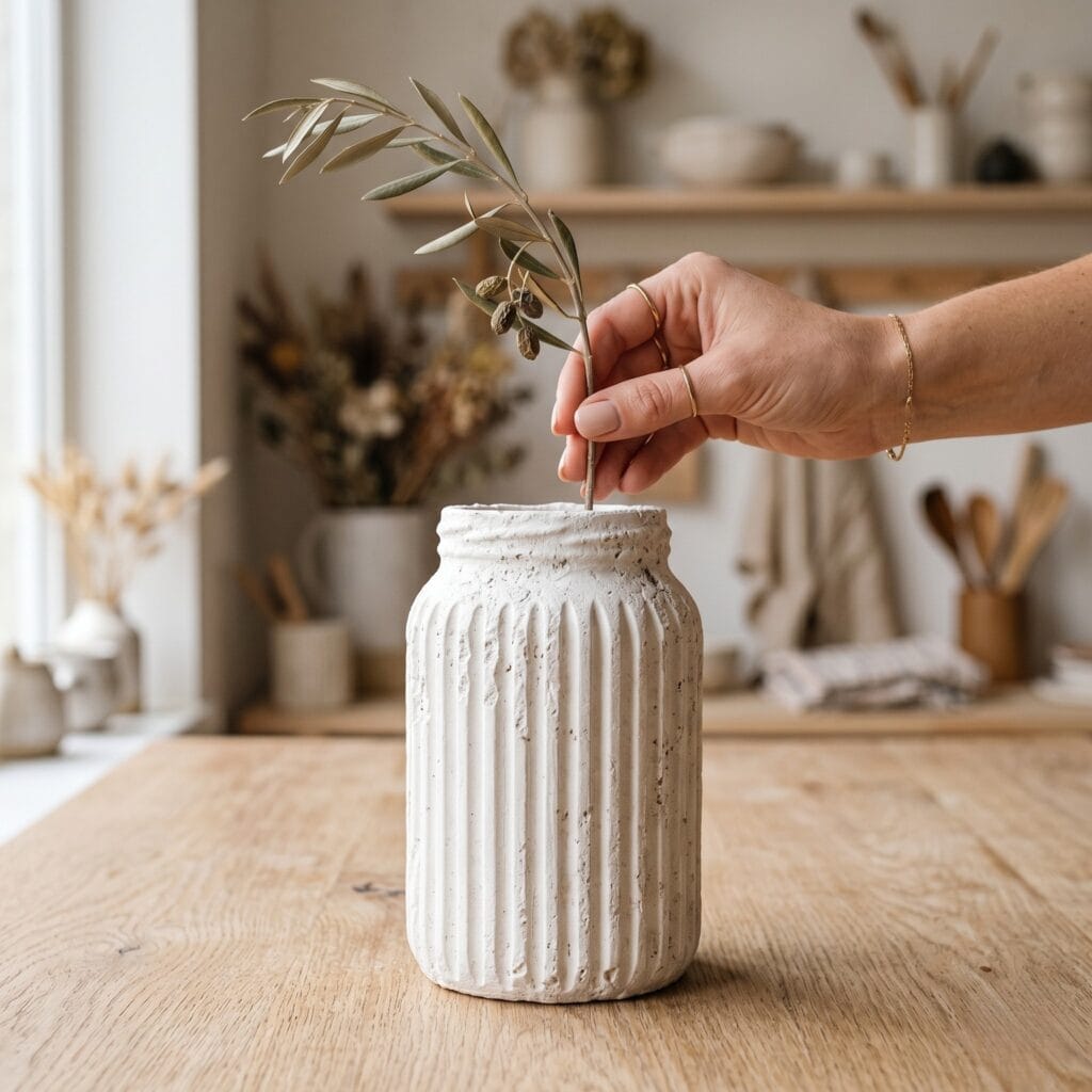 A close-up of a manicured hand placing an olive branch into a travertine-crusted white plaster vase made from an upcycled glass jar.