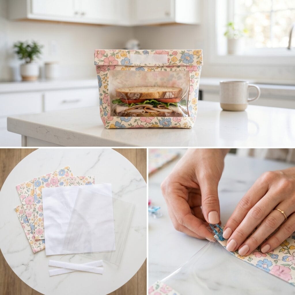 A 3-panel craft tutorial collage showing pastel floral cotton fabric, white PUL lining, and a manicured hand with nude polish placing a clip on the fabric, beside the finished window sandwich pouch holding a fresh sandwich on a white kitchen counter.