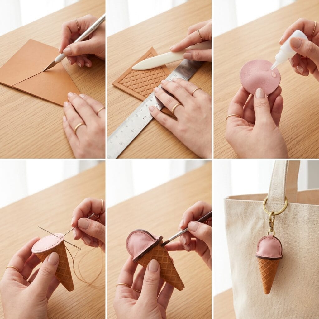 Step by step DIY tutorial showing how to make a leather ice cream cone bag charm with textured waffle cone grid lines.