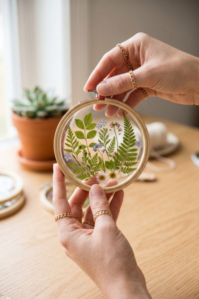 Female artisan hands holding a completed spring daycare crafts project: a small wooden hoop framing beautifully pressed real spring flowers and green leaves.