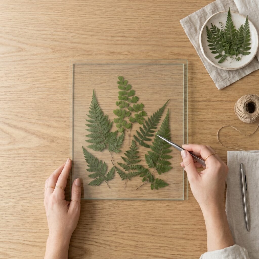 Delicate pressed ferns inside floating glass frames for elegant DIY wall art decor