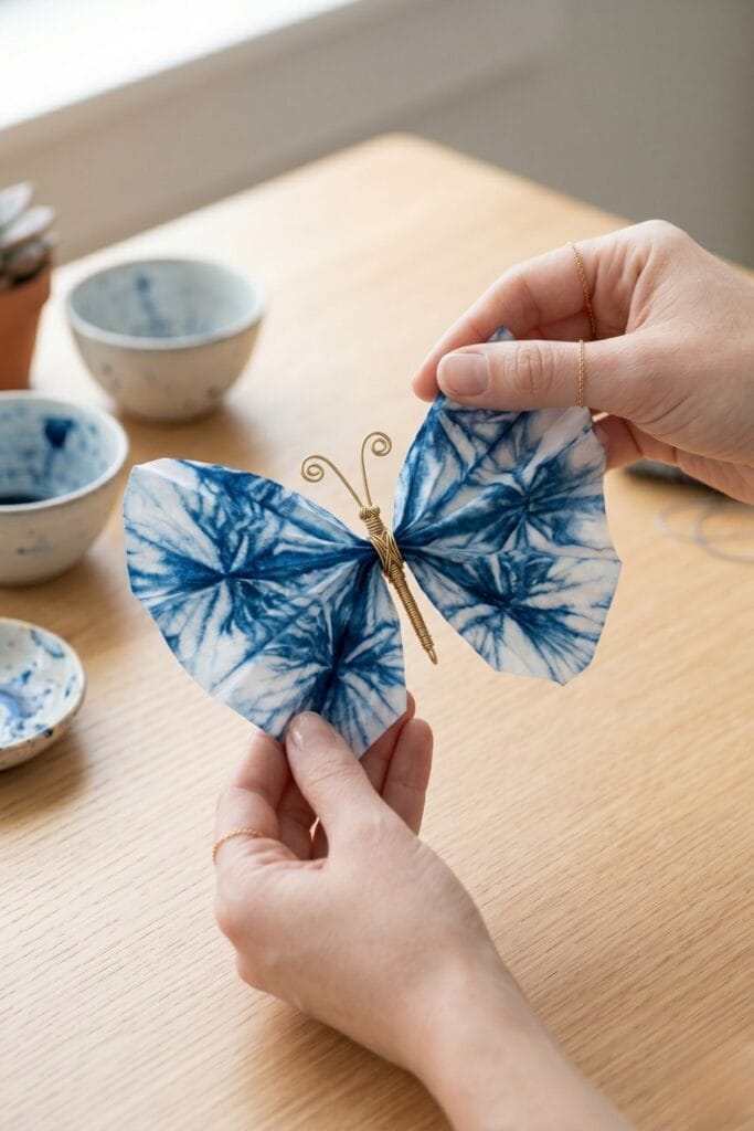 Female artisan hands holding a folded coffee filter, gently dipping the tip into a small ceramic bowl of natural indigo blue dye.