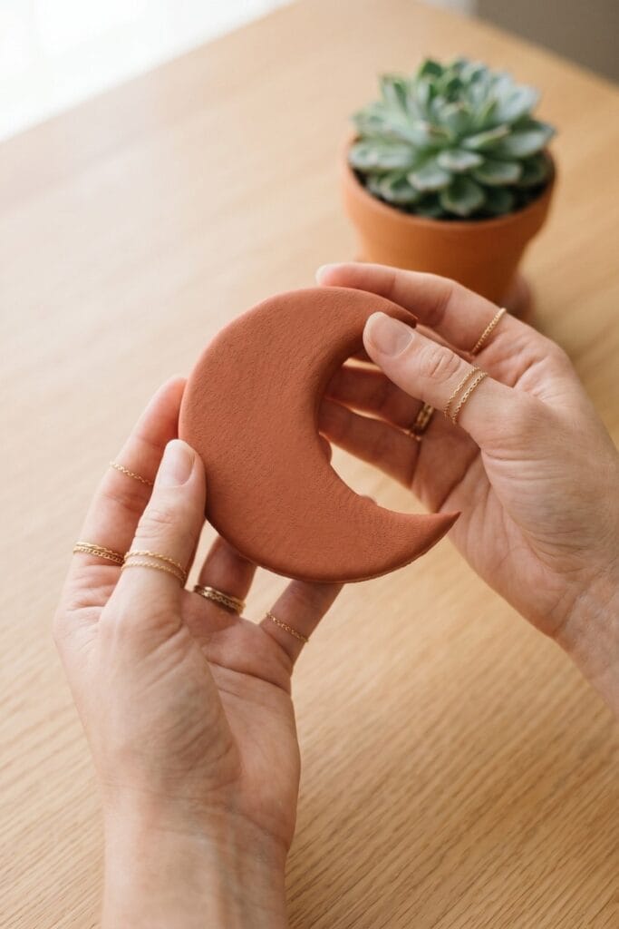 Close-up of female artisan hands holding a completed terracotta-painted, crescent-moon-shaped memory foam squishy resting on a light oak table, a perfect DIY squishy ideas project.