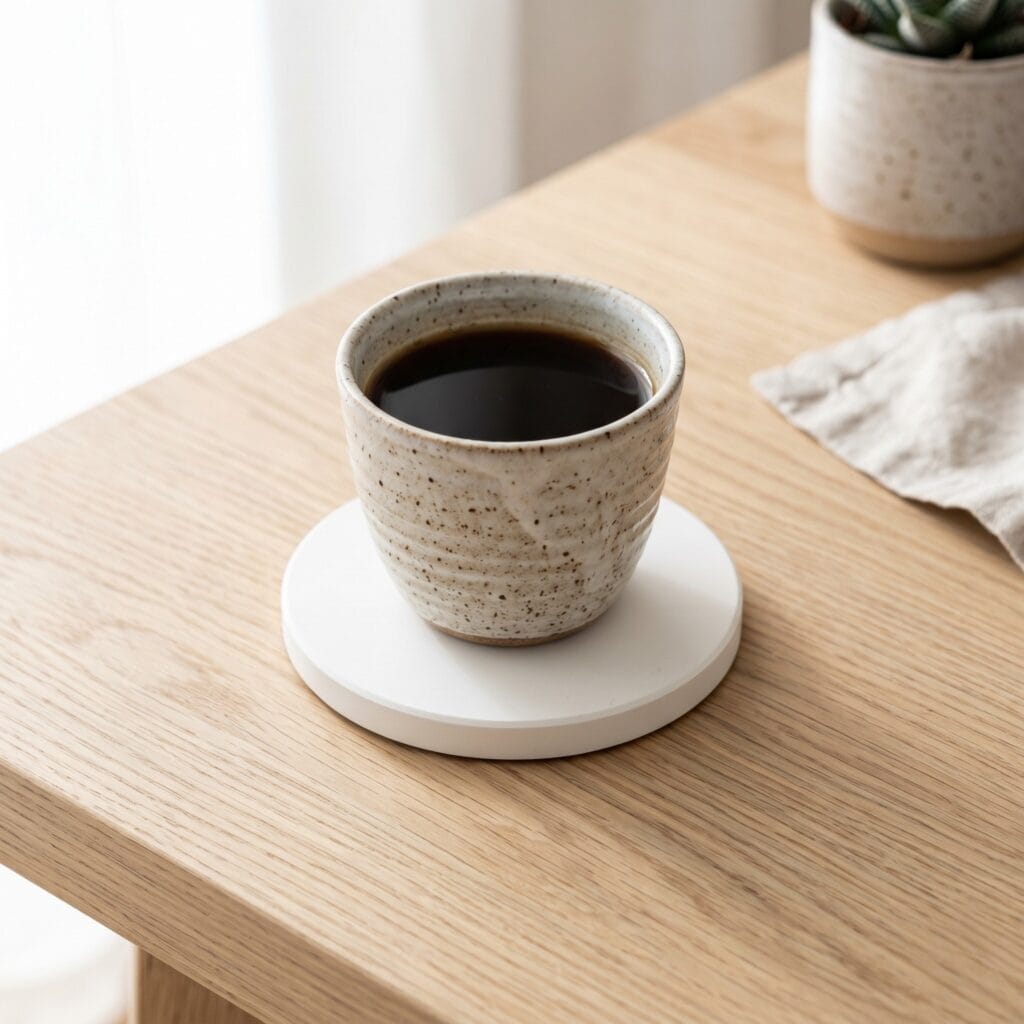 A single perfectly square photo showing a flawlessly smooth, round white concrete coaster resting on a light oak wood table. A textured ceramic cup filled with black coffee sits centered on the coaster. Soft, natural diffused sunlight illuminates the scene. Clean and minimalist aesthetic.