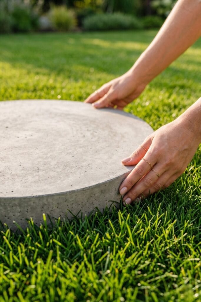 Female artisan hands gently touching a completed perfectly round, smooth minimalist concrete stepping stone resting on green grass.