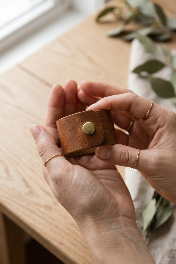 Close-up of female artisan hands holding a completed thick scrap leather hair cuff featuring a raw brass snap, resting on a light oak table.