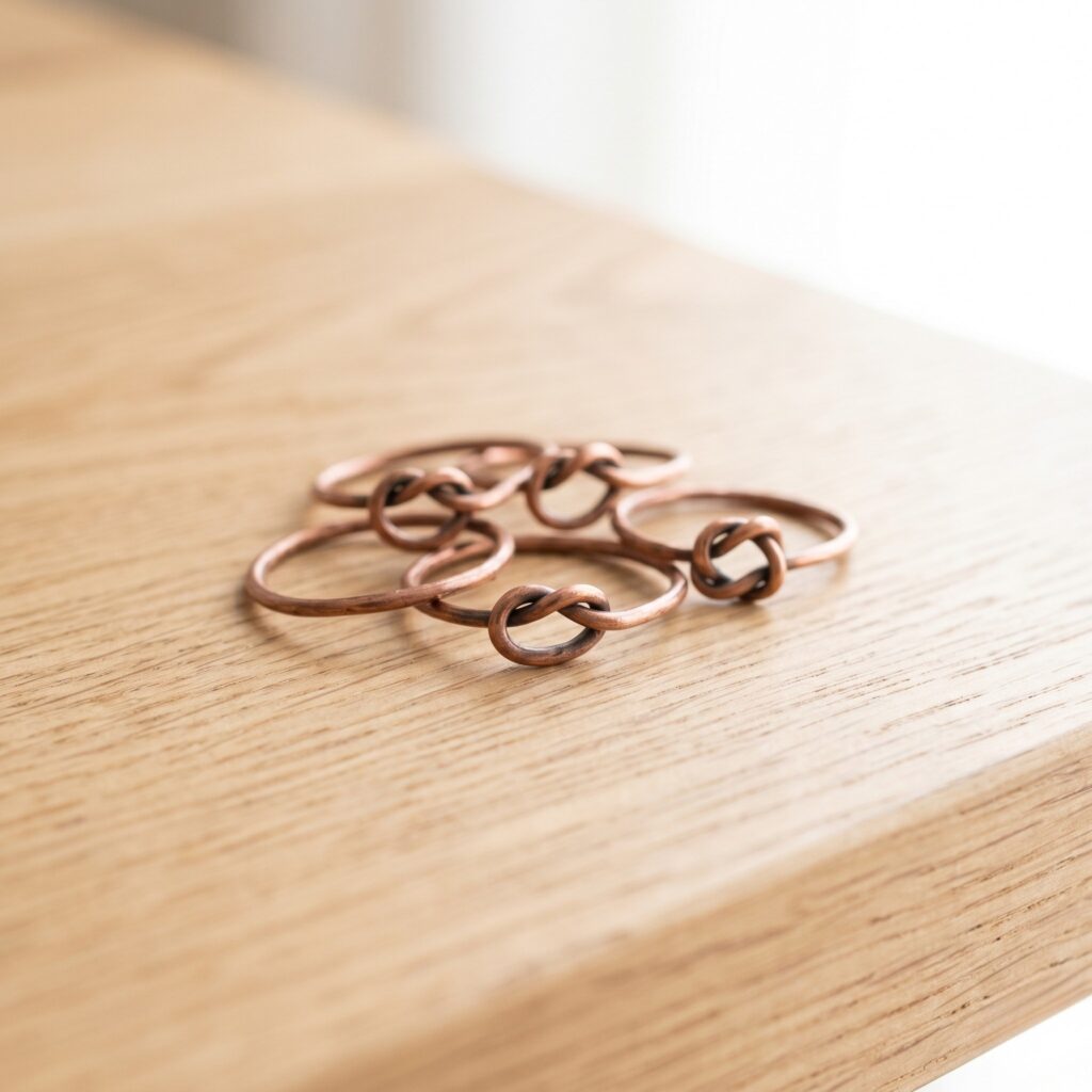 A single perfectly square photo showing delicate raw copper wire wrap rings resting on a light oak wood table. Soft natural sunlight illuminates the warm metal. Clean and minimalist aesthetic.