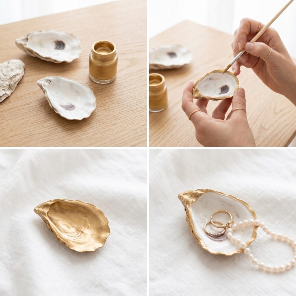 A perfectly square 1:1 photo grid tutorial showing the step-by-step DIY process of painting an oyster shell with liquid gold.