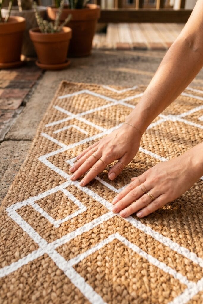 Female artisan hands gently touching the texture of a completed natural jute outdoor rug featuring a minimalist white painted geometric pattern.