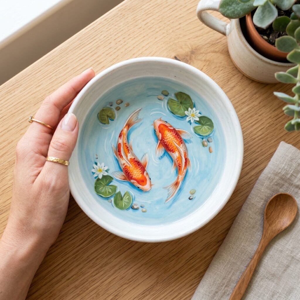 A top down photo of a white ceramic bowl hand painted with a blue water wash and two vibrant orange koi fish swimming near green lily pads