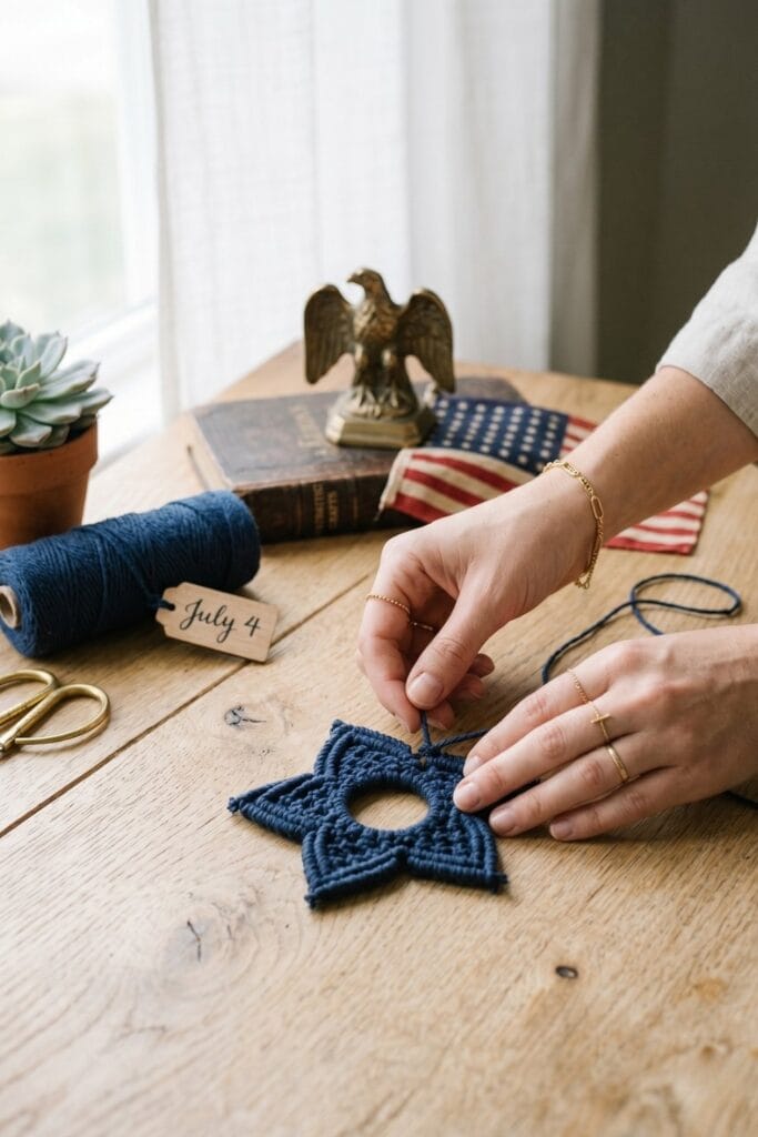 Female artisan hands knotting navy blue string for star-shaped coaster 4th of July crafts.
