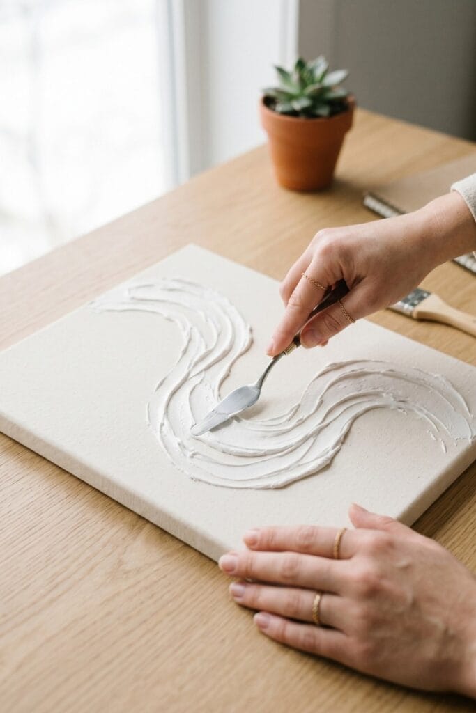 Close-up of female artisan hands with gold chain rings using a palette knife to create textured white ridges on a canvas for an easy painting for beginners project.