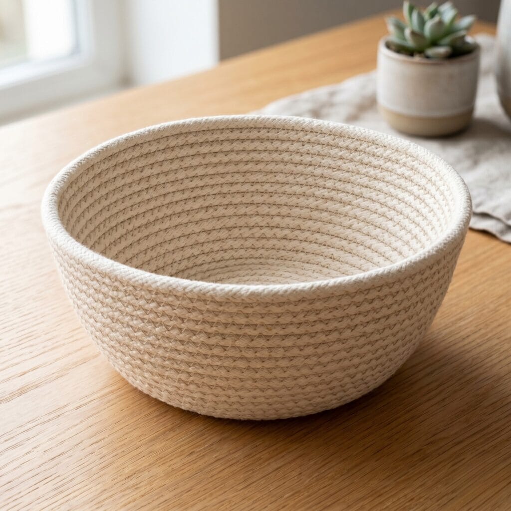 A classic Scandinavian style coiled rope bowl craft made of thick cream cotton cord resting on a light oak table.