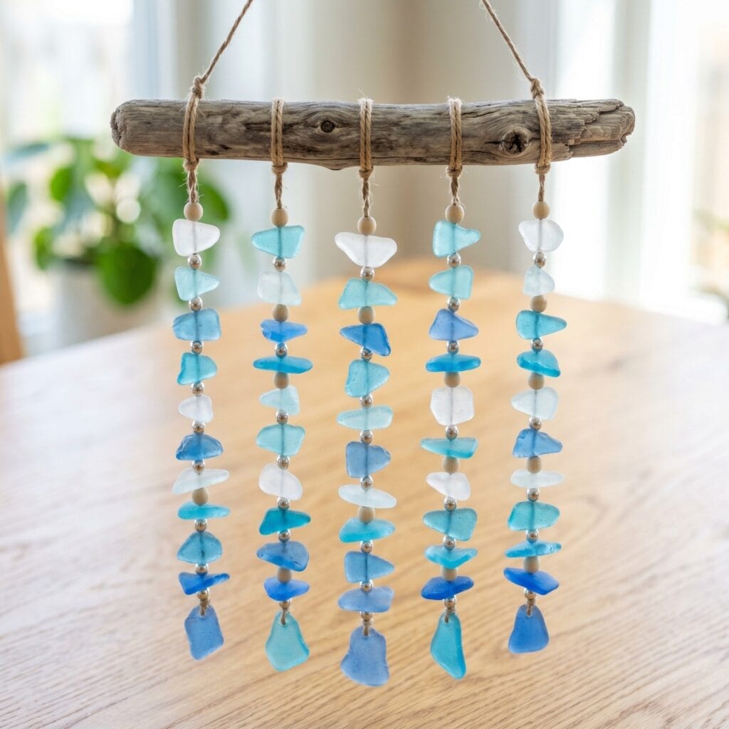 A handmade coastal wind chime featuring frosted white and ocean blue sea glass cascading from a weathered grey driftwood branch.