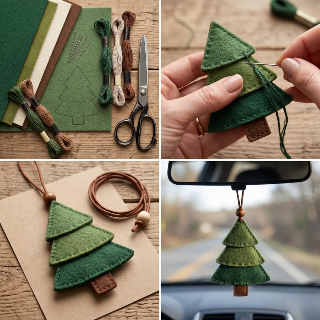 A 3-panel step-by-step tutorial collage for DIY car charms, showing felt cutting, hand-stitching a green pine tree shape with a needle, and the final felt charm hanging on a car mirror.