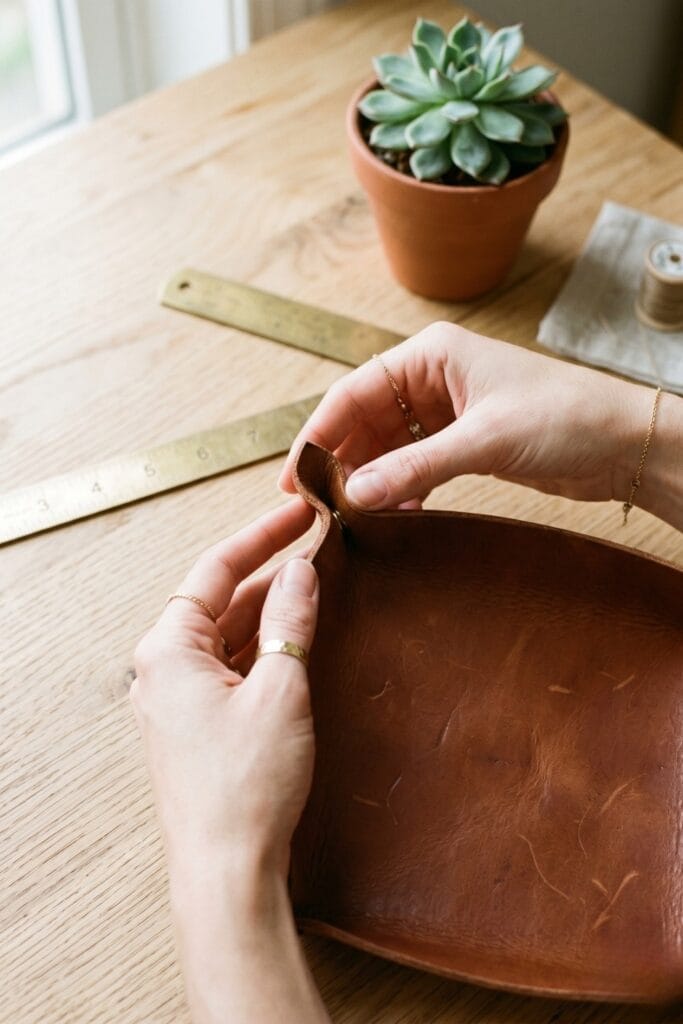 Female artisan hands molding a thick leather valet tray for Father's Day crafts.