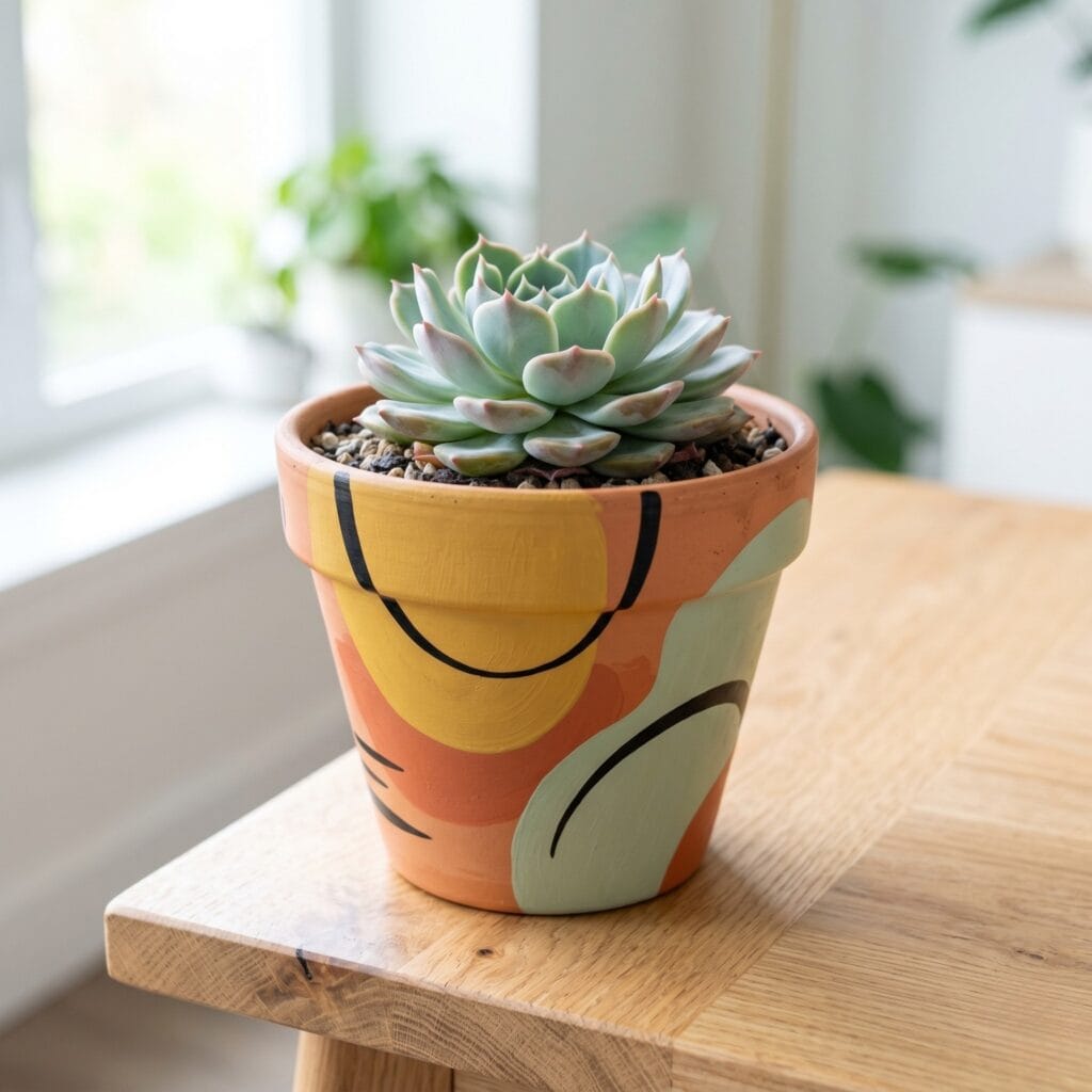 A mid-century modern hand painted terracotta pot with overlapping abstract semi-circles in mustard yellow and warm earth tones.