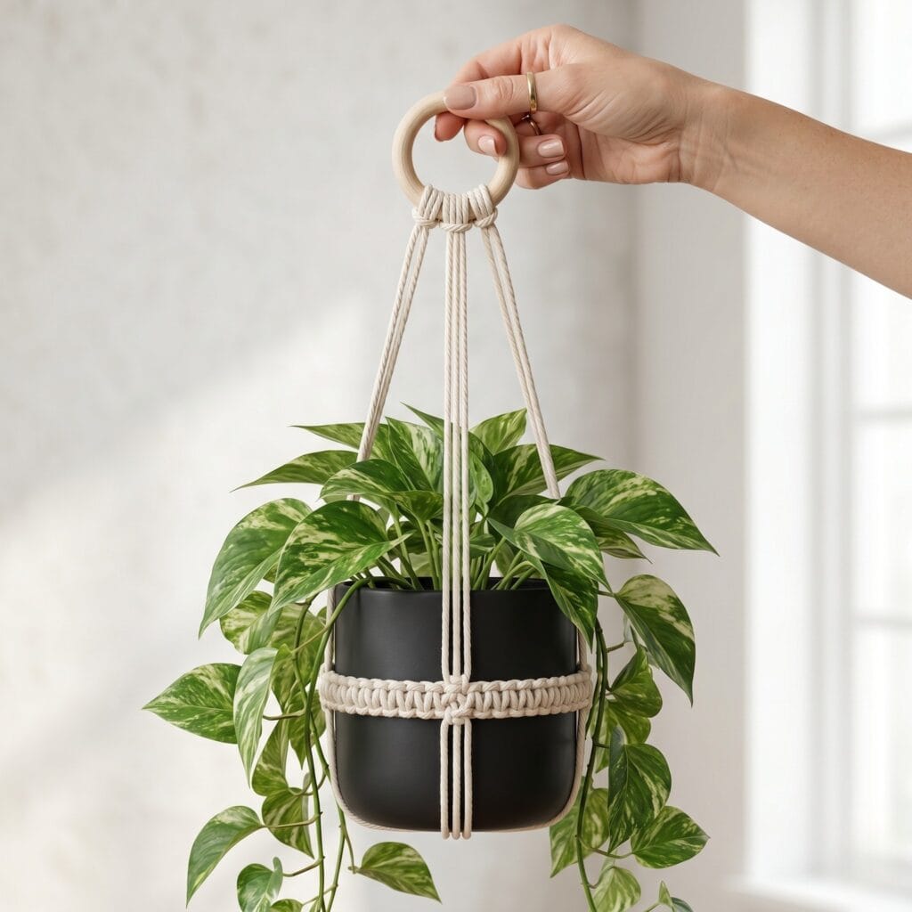 A minimalist cotton macrame plant hanger with a horizontal security band holding a black ceramic pot.