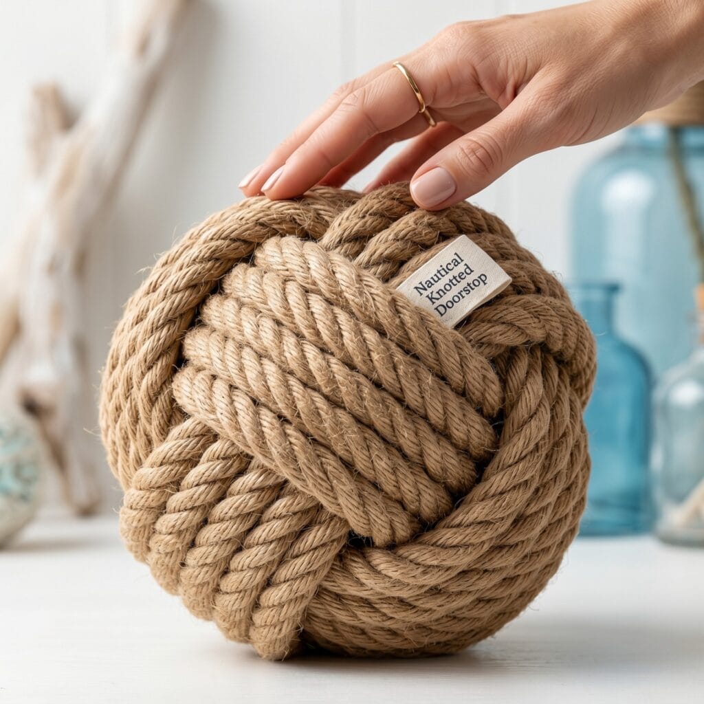 A heavy rustic nautical monkey fist knotted rope doorstop resting on a sunlit studio floor.