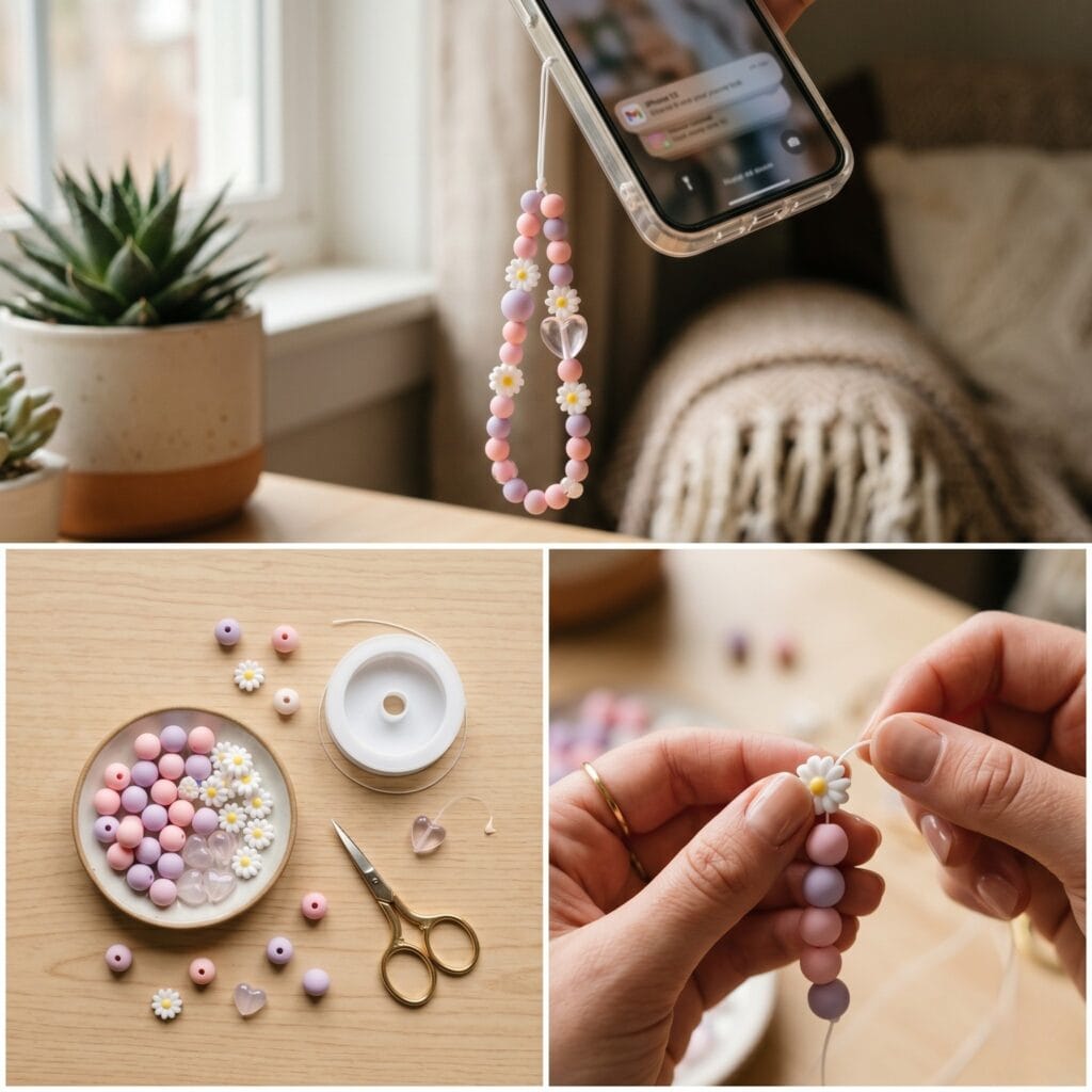A 3-panel step-by-step craft tutorial collage for making a pastel cottagecore beaded phone strap, showing matte pink beads, white daisies, and the finished charm attached to a clear smartphone case.