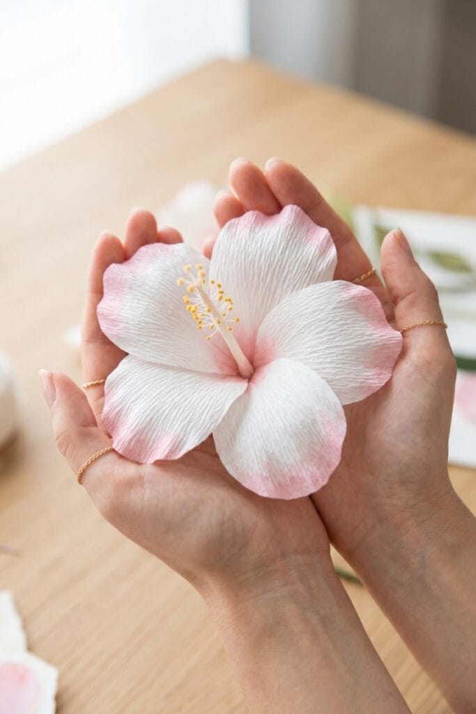 Close-up of female artisan hands holding a completed artisan white crepe paper hibiscus flower featuring delicate, hand-painted blush pink watercolor edges.