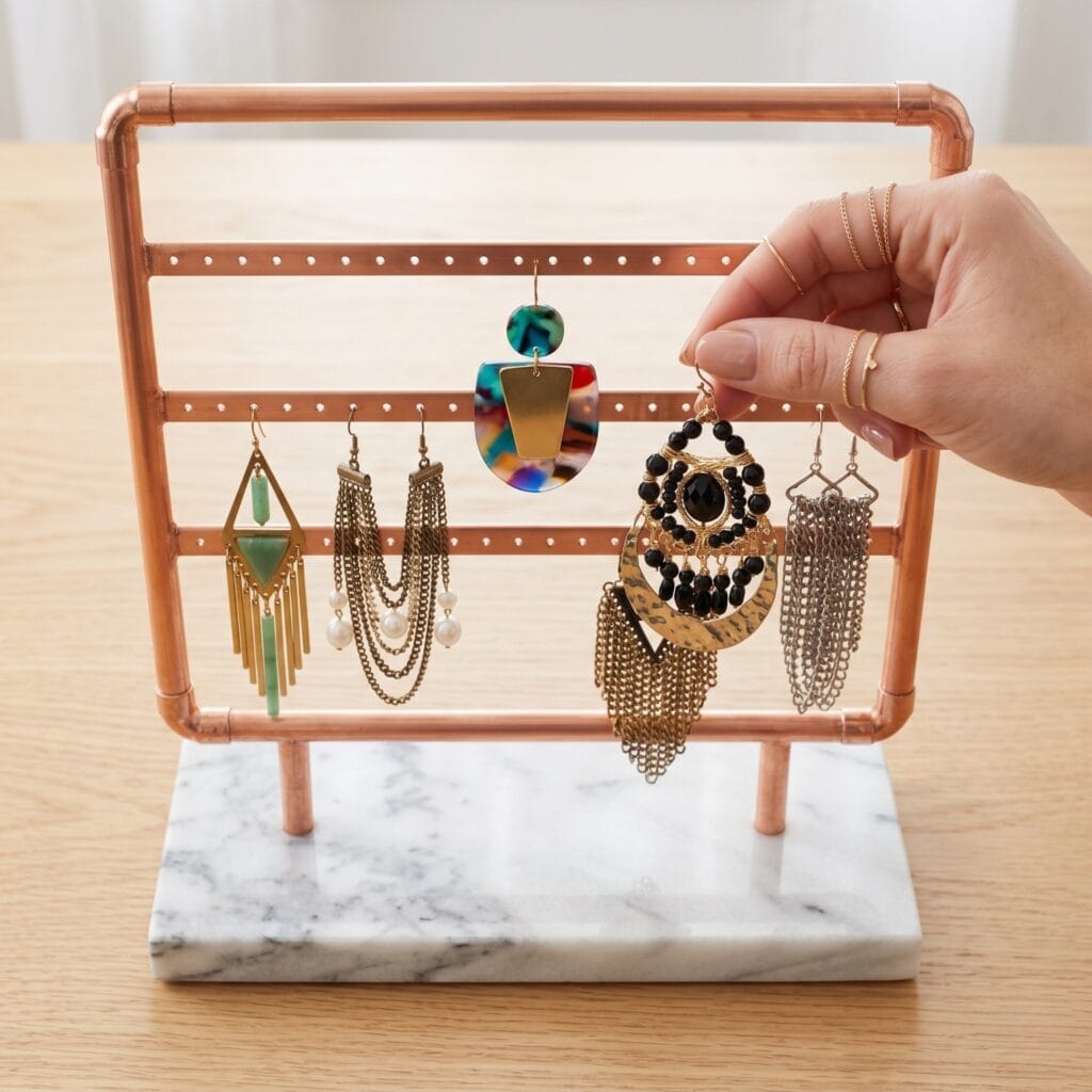Manicured hands examining a statement earring hanging from a finished industrial copper pipe jewelry stand.
