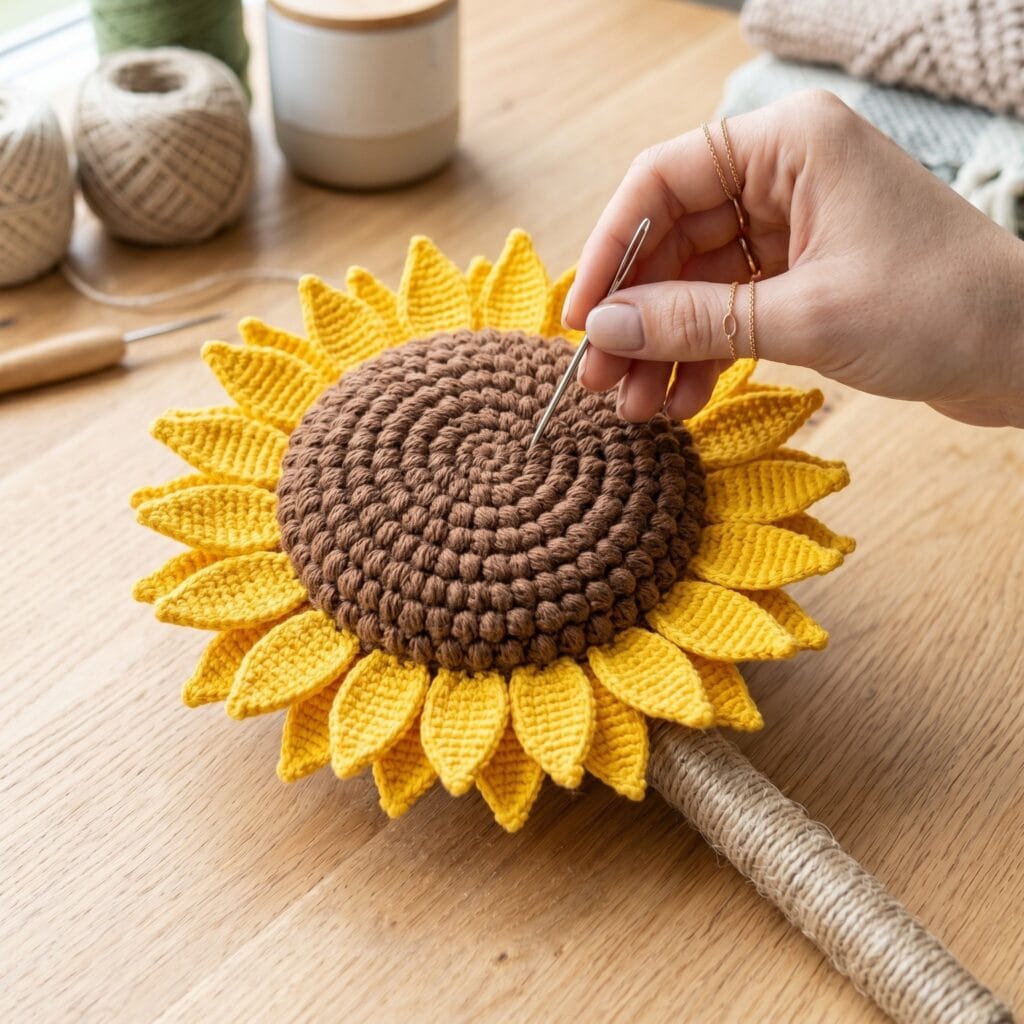 Manicured hands placing a darning needle into a finished giant radiant sunflower crochet head, demonstrating practical use.