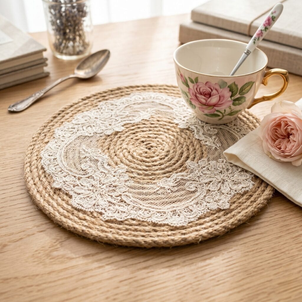 A romantic bohemian style coaster featuring a layer of intricate cream French lace fabric decoupage on top of a flat coiled jute base