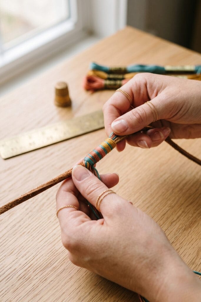 Colorful string wrapped around a leather cord to create mixed media DIY bracelets with string.