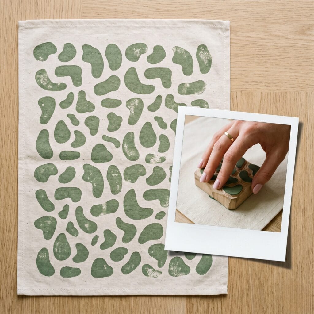 An artistic modern art style kitchen linen featuring a balanced layout of repeating organic asymmetrical abstract blob shapes stamped in soft sage green fabric ink