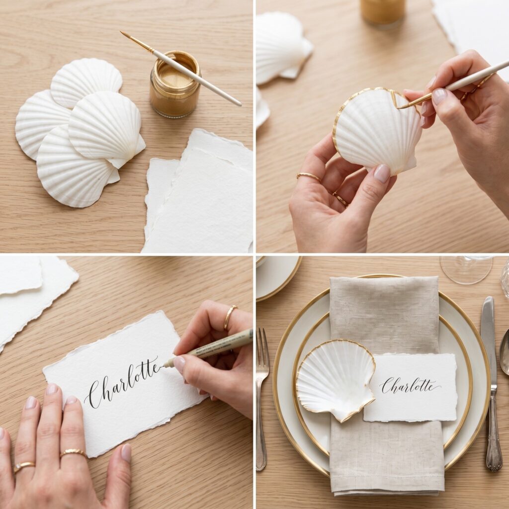 A 2x2 photo grid showing the step-by-step DIY process of painting scallop shells with gold to create elegant coastal wedding place cards.