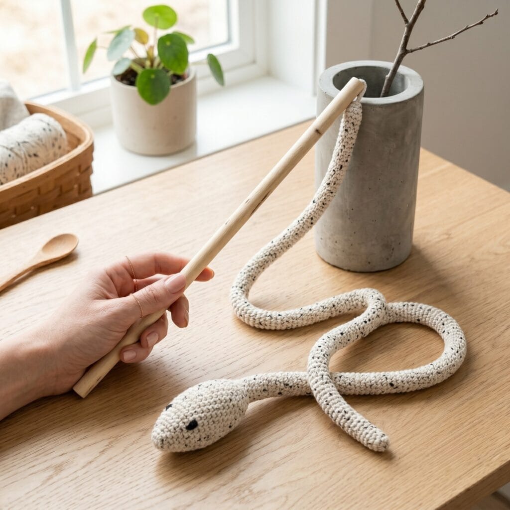 A single hand holding the birch stick of a finished structural spiraled twine crochet snake cat wand toy.