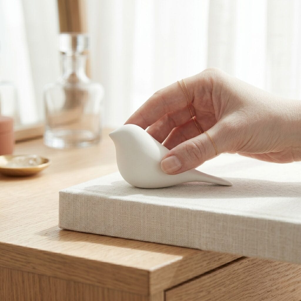 A single hand placing a finished minimalist white clay dove statue with a matte finish onto a linen fabric shelf riser.