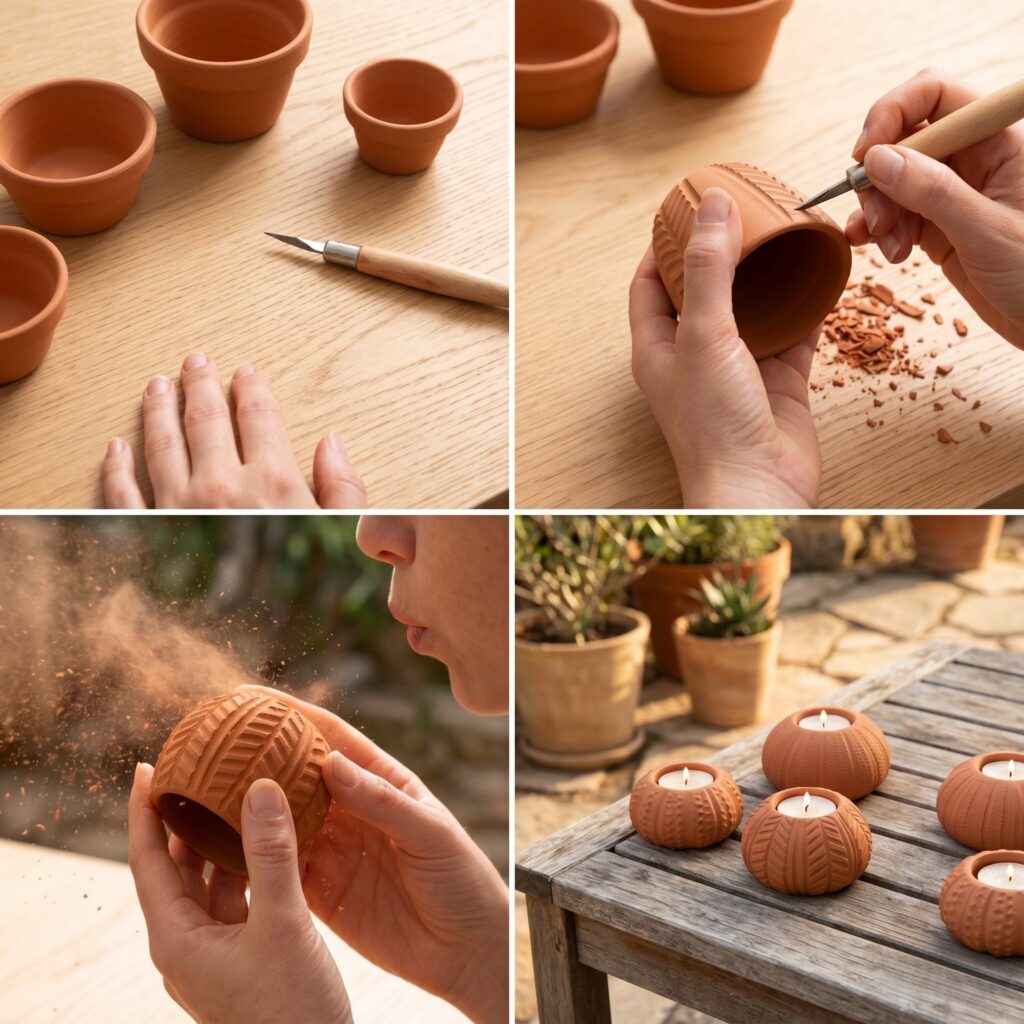 A perfectly square 2x2 photo grid tutorial showing the DIY process of carving matte terracotta sea urchin holders.