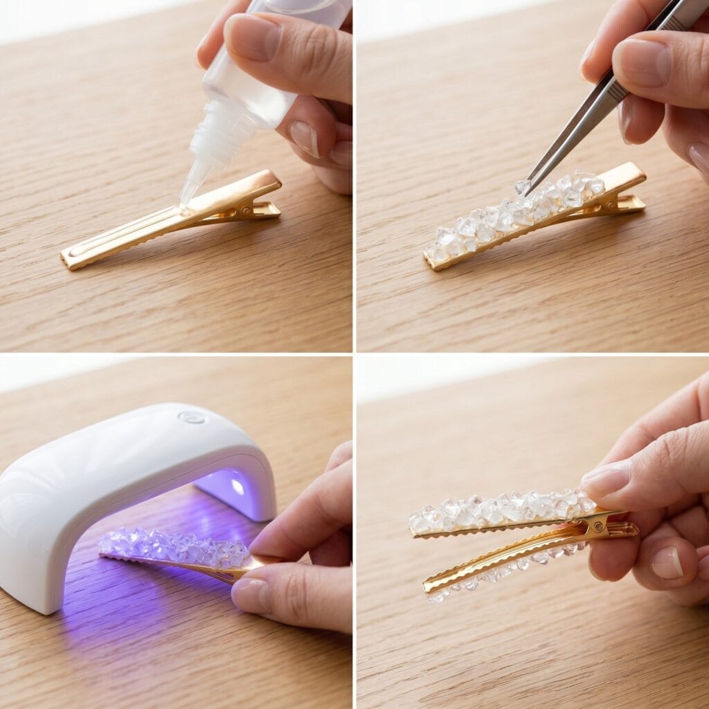 A manicured hand opening the hinge of a finished crushed quartz crystal UV resin hair clip on a display card. This is for unique resin ideas.