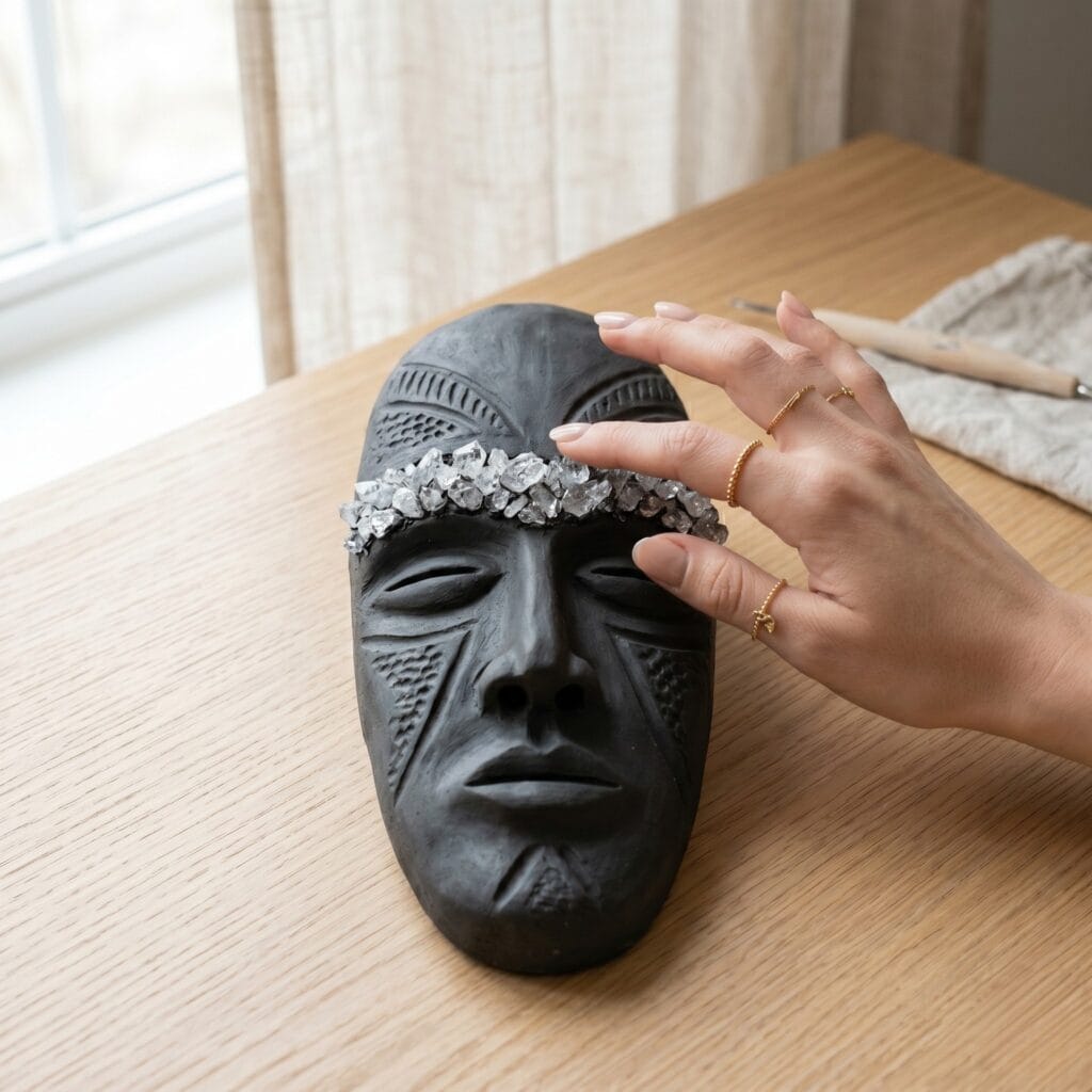 A manicured hand touching the crushed quartz crystals embedded in the brow of a charcoal clay totem mask.