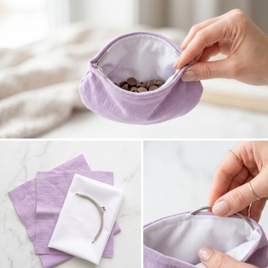 A 3-panel accessory sewing guide showing soft lavender cotton, a metal flex frame, and an elegant manicured hand gently pushing the metal hardware through a top stitched channel, with the completed pouch squeezed open to reveal chocolate chips.