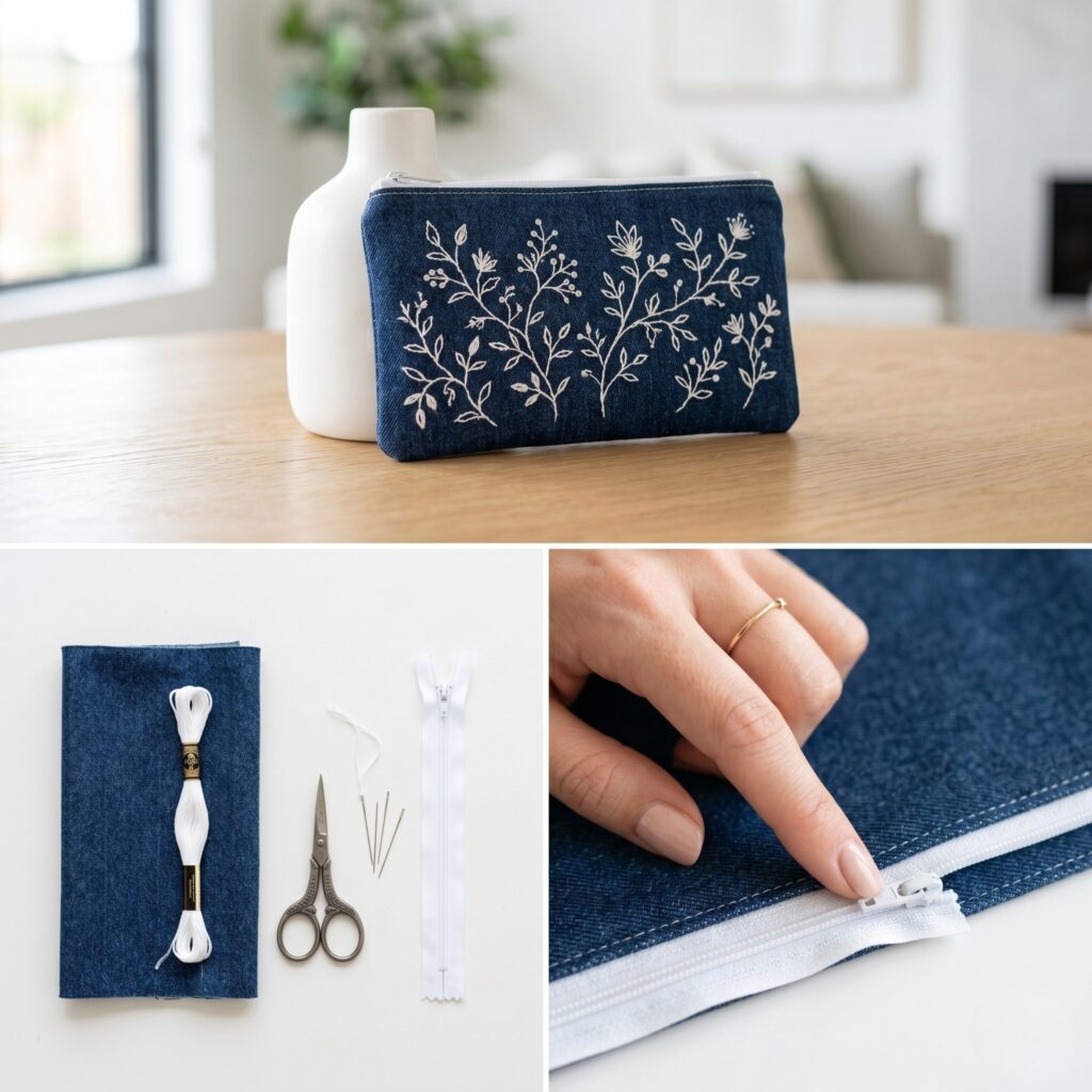 A 3-panel hand-embroidery tutorial showing a piece of dark wash denim, white embroidery floss, vintage metal scissors, needles, and a hand aligning a white nylon zipper, beside the finished dark blue zippered cüzdan with delicate white embroidered floral vines leaning against a white vase.