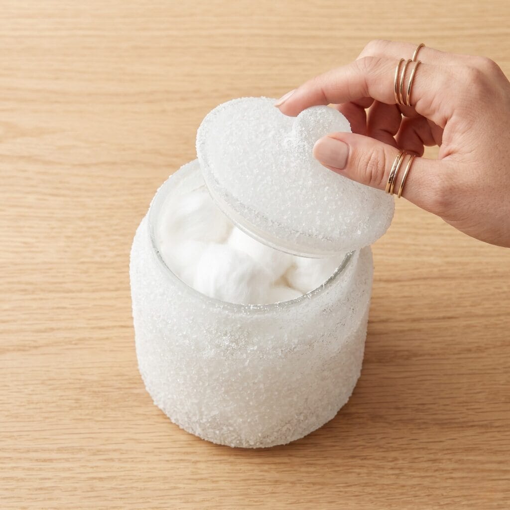 A manicured hand lifting the lid of a frosted sea-glass texture jar made from an upcycled glass jar and salt crystals.