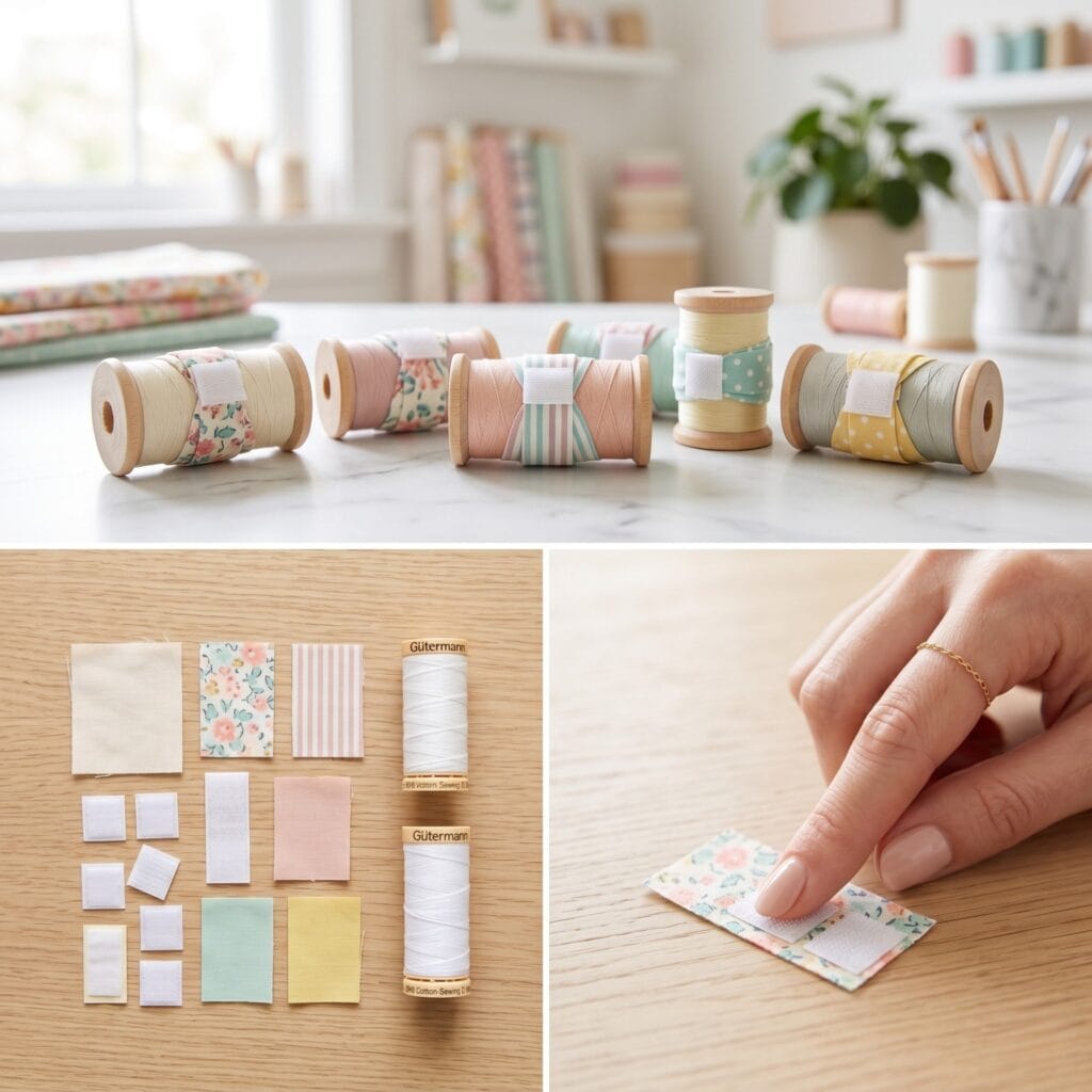 A 3-panel clever craft layout showing floral fabric, a shallow wooden dish, a silver disc magnet, a hand pressing the magnet onto the fabric, and a finished flat wooden dish safely holding metallic sewing pins in its magnetic center.