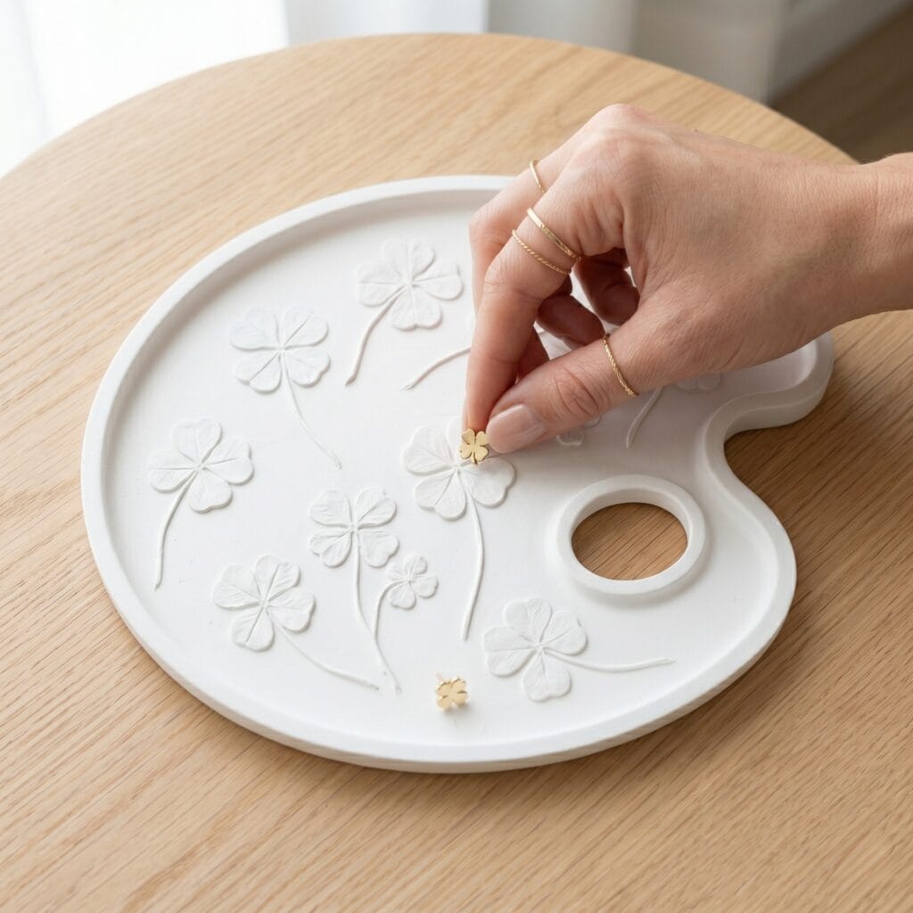 A manicured hand placing a small gold earring into a white plaster tray shaped like an artist's palette with raised clover leaf impressions.