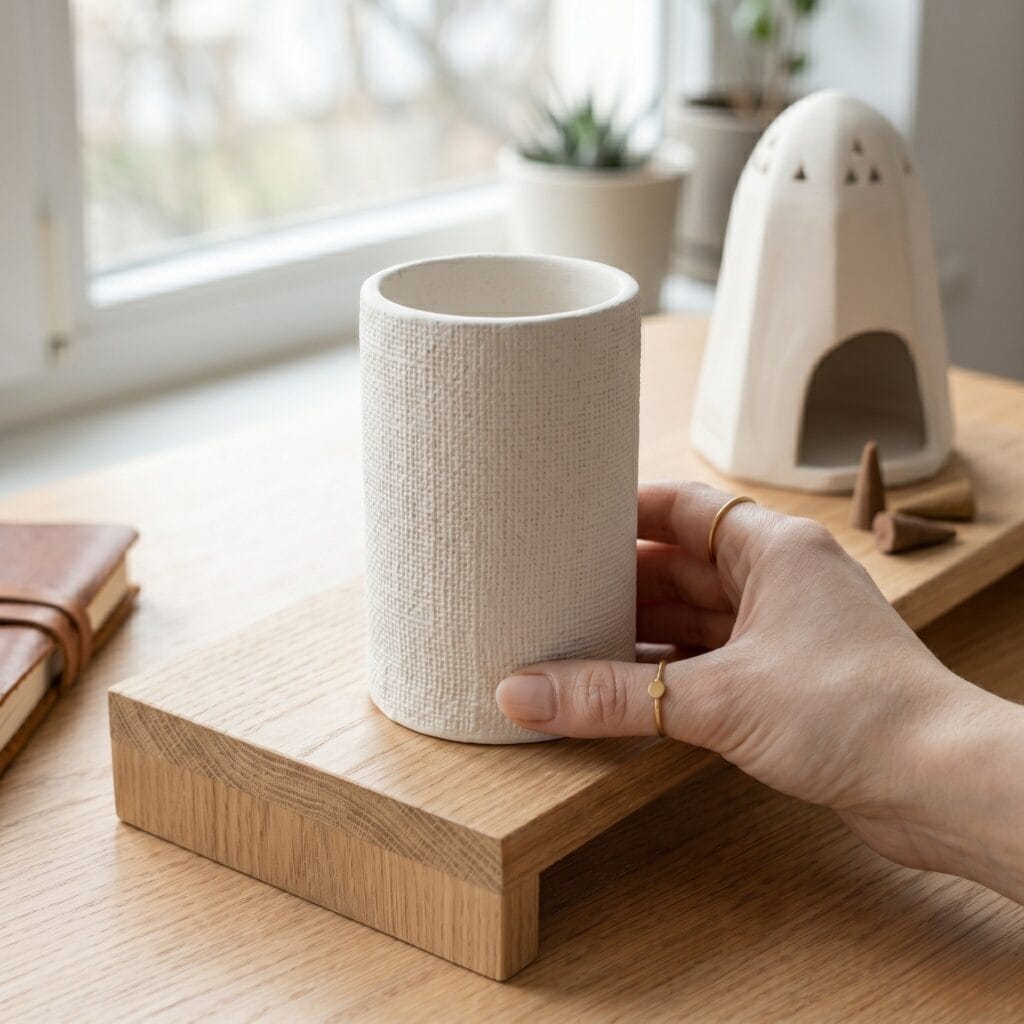 A single hand holding a minimalist white air dry clay pottery cylinder vase displaying a deeply pressed, realistic woven linen fabric texture.