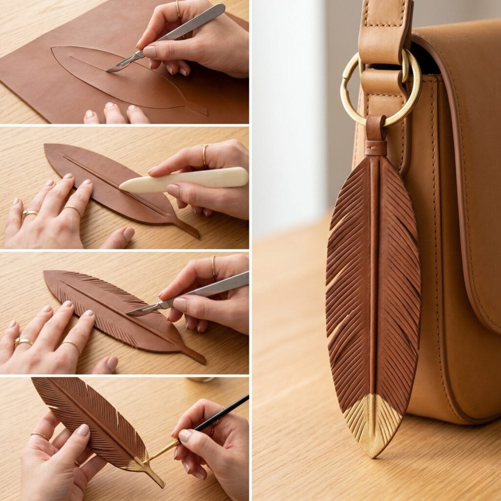 DIY tutorial demonstrating how to slice angled barbs into a leather feather and apply a metallic gold painted tip.