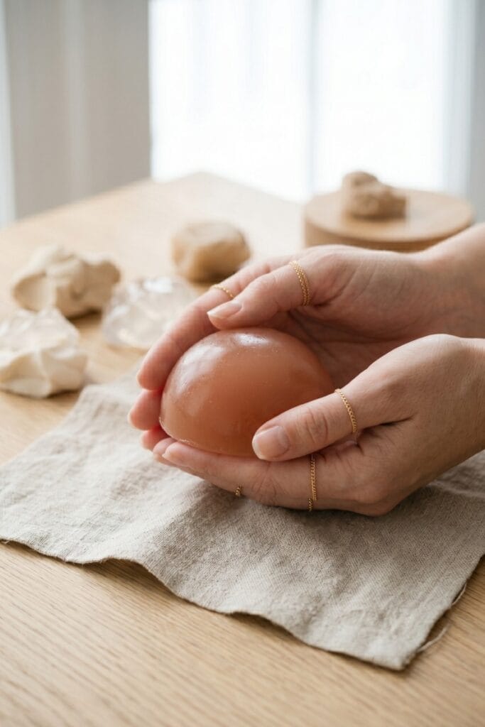 Close-up of female artisan hands holding a completed, semi-translucent jello-like terracotta colored agar agar eco-squishy resting on raw linen.
