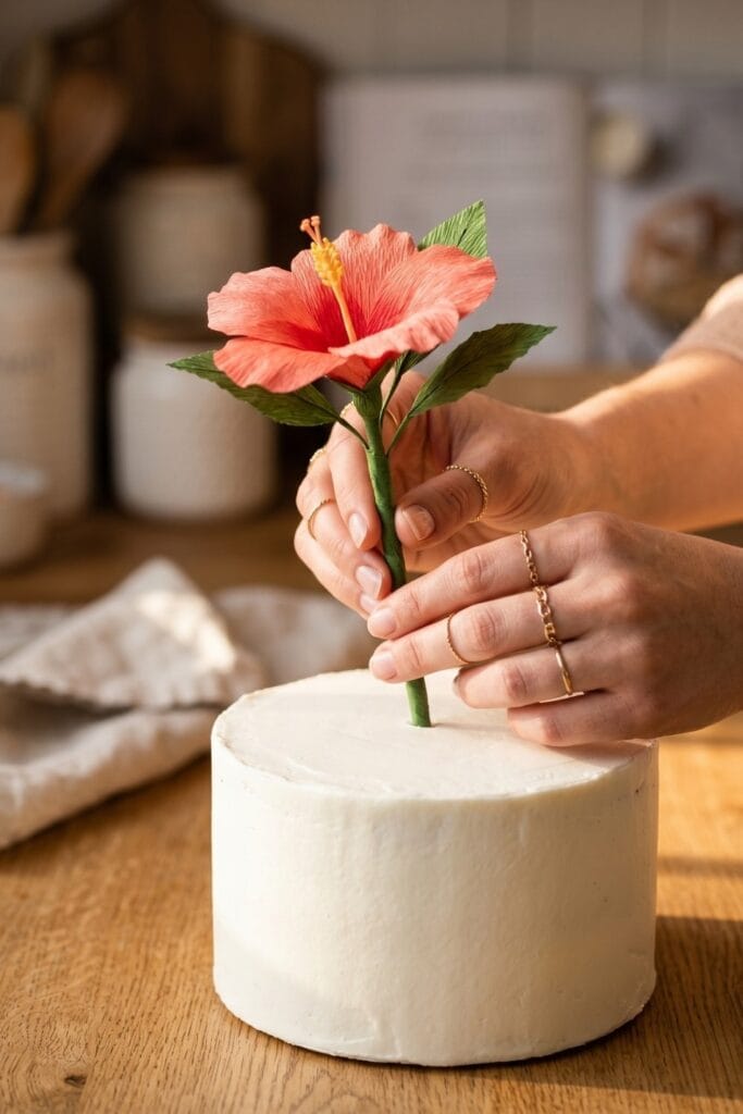 Female artisan hands carefully pushing a finished artisan paper hibiscus flower cake topper with food-safe tape into a simple white frosted cake.