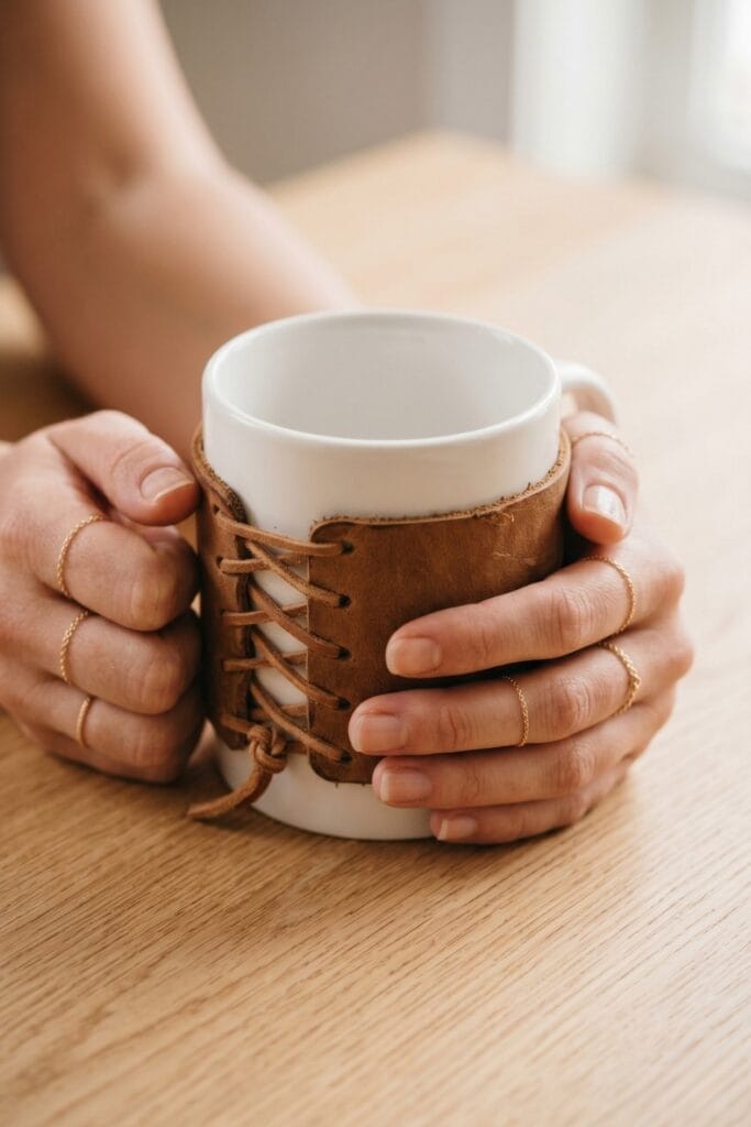 Female artisan hands holding a white ceramic mug wrapped in a finished rustic scrap leather sleeve laced up with leather cords.