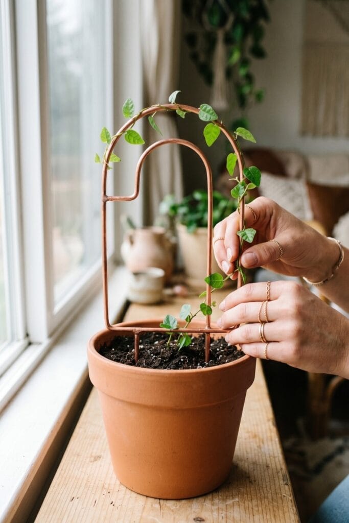 Female artisan hands adjusting a finished elegant copper wire arch pushed into a terracotta pot to support a green houseplant.